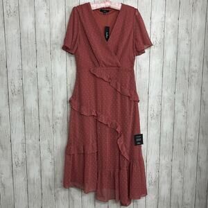 Lulus Next To You Rusty Rose Swiss Dot Ruffled Fairy Cottage Midi Slit Dress